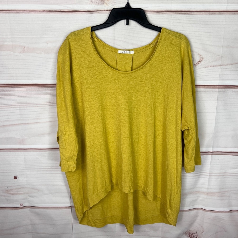 Two Danes Top Womens S M Yellow 3/4 Sleeve T-Shirt Cotton Hemp Relaxed Fit Solid